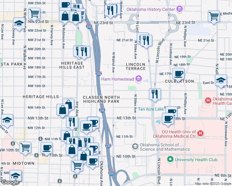 map of restaurants, bars, coffee shops, grocery stores, and more near 145 Northeast 16th Street in Oklahoma City
