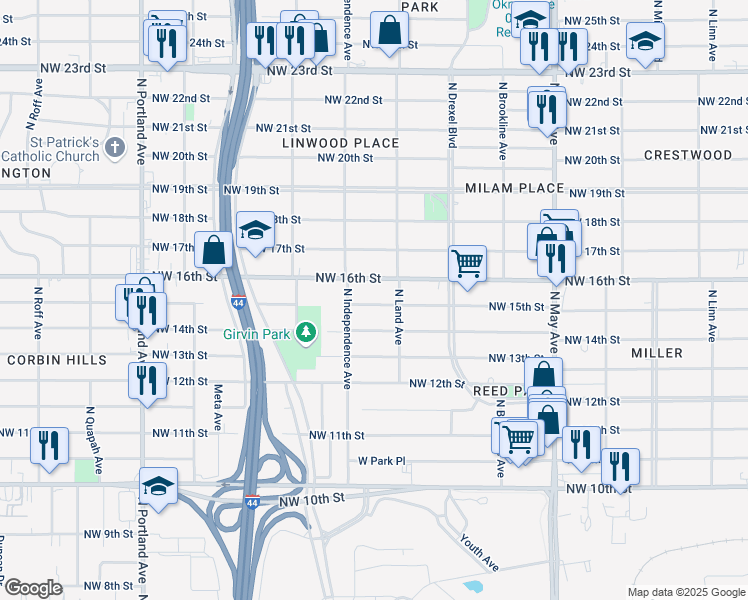 map of restaurants, bars, coffee shops, grocery stores, and more near 3221 Northwest 15th Street in Oklahoma City