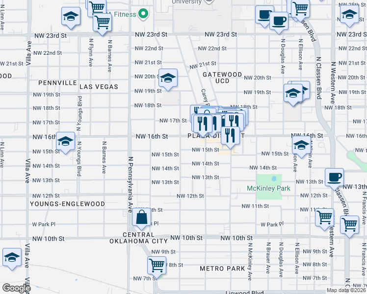 map of restaurants, bars, coffee shops, grocery stores, and more near 1625 North Kentucky Avenue in Oklahoma City