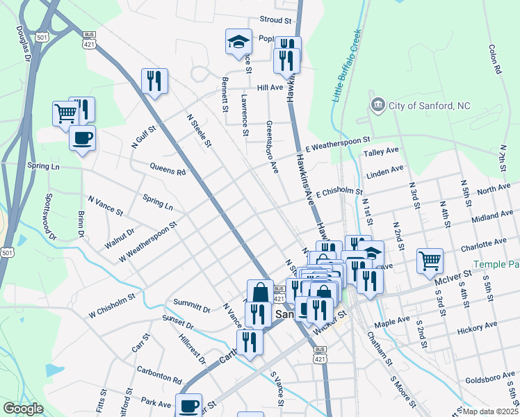 map of restaurants, bars, coffee shops, grocery stores, and more near 400 North Steele Street in Sanford