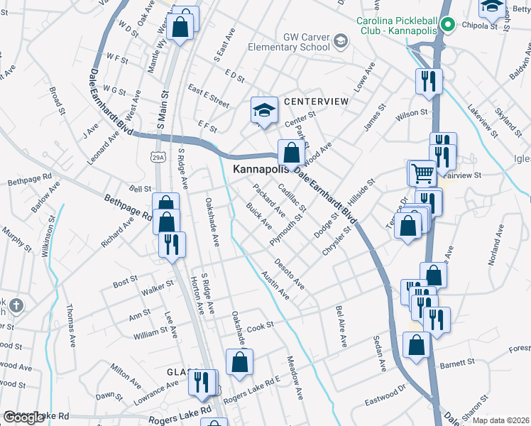 map of restaurants, bars, coffee shops, grocery stores, and more near 805 Buick Avenue in Kannapolis