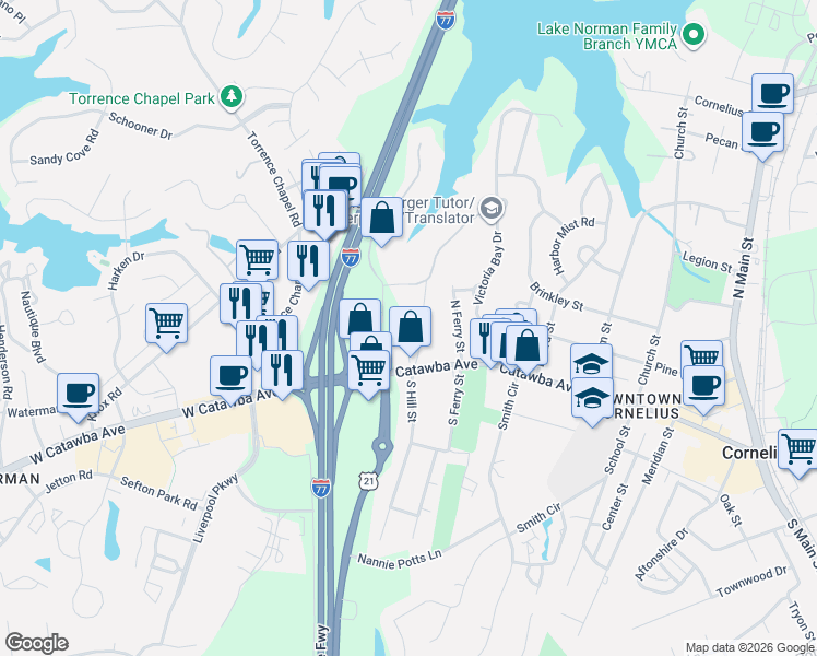 map of restaurants, bars, coffee shops, grocery stores, and more near in Cornelius