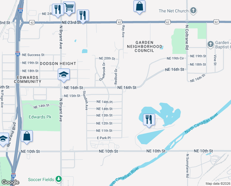 map of restaurants, bars, coffee shops, grocery stores, and more near 3312 Northeast 16th Street in Oklahoma City
