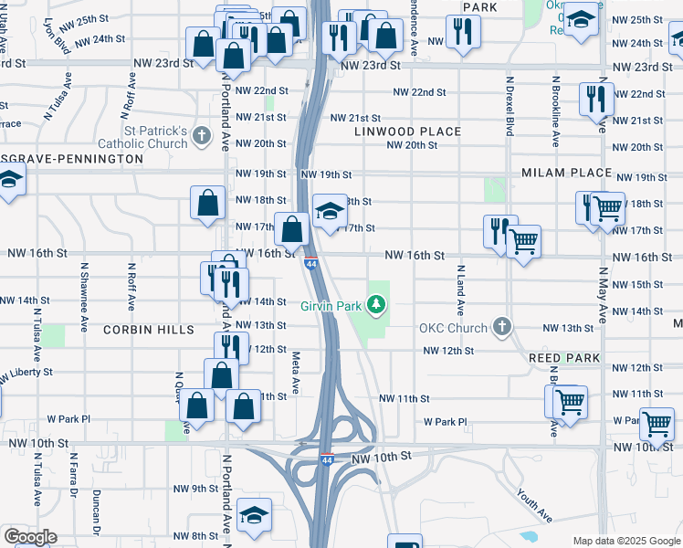 map of restaurants, bars, coffee shops, grocery stores, and more near 3427 Northwest 15th Street in Oklahoma City