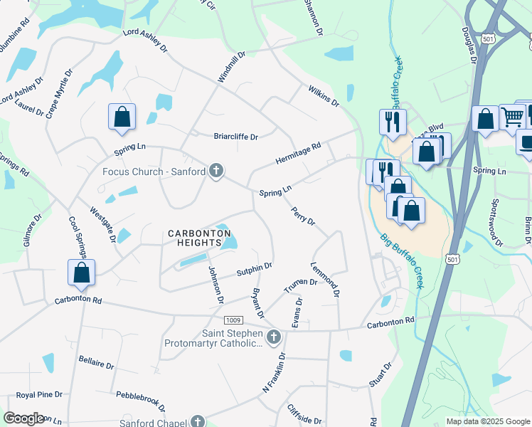 map of restaurants, bars, coffee shops, grocery stores, and more near 1809 Sutphin Drive in Sanford