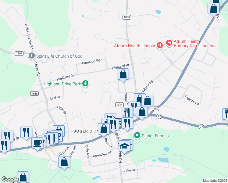 map of restaurants, bars, coffee shops, grocery stores, and more near 2043 Bost Street in Lincolnton