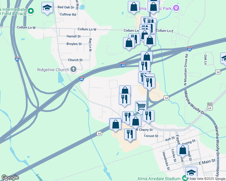 map of restaurants, bars, coffee shops, grocery stores, and more near 220 Meadors Drive in Alma