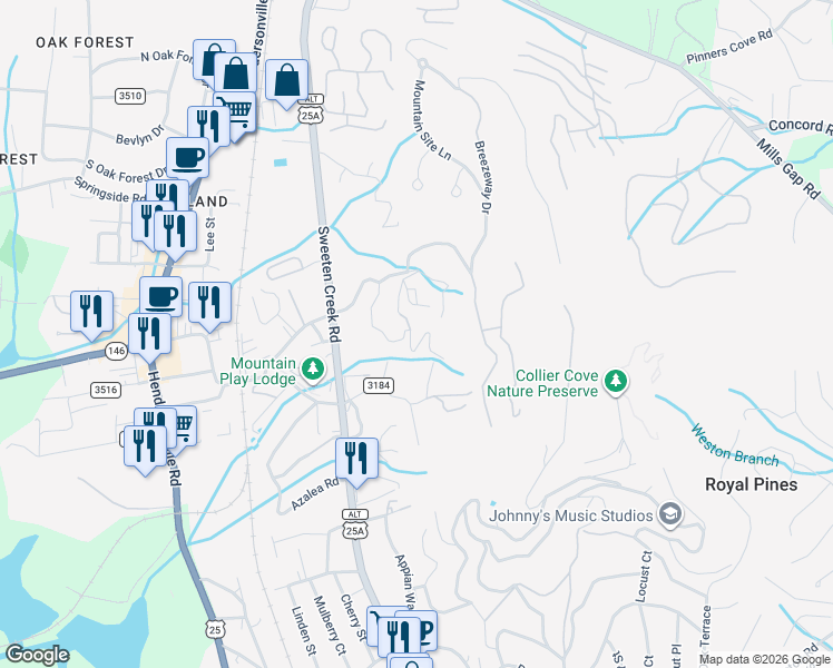 map of restaurants, bars, coffee shops, grocery stores, and more near 99999 Hemlock Drive in Asheville