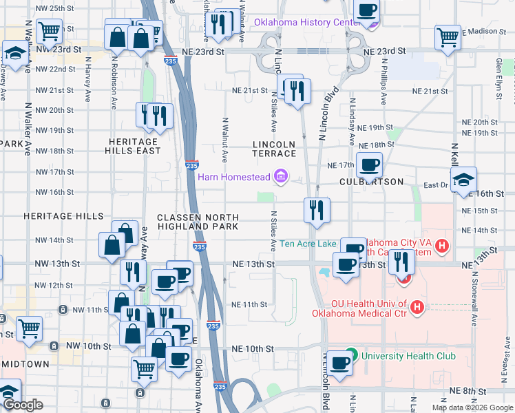 map of restaurants, bars, coffee shops, grocery stores, and more near 310 Northeast 16th Street in Oklahoma City