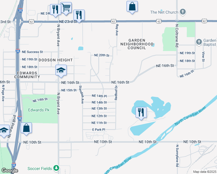 map of restaurants, bars, coffee shops, grocery stores, and more near 3312 Northeast 16th Street in Oklahoma City