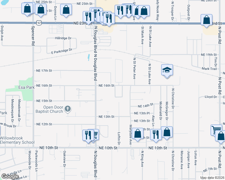 map of restaurants, bars, coffee shops, grocery stores, and more near 1620 Cynthia Drive in Midwest City
