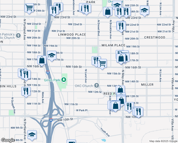 map of restaurants, bars, coffee shops, grocery stores, and more near 1612 North Land Avenue in Oklahoma City