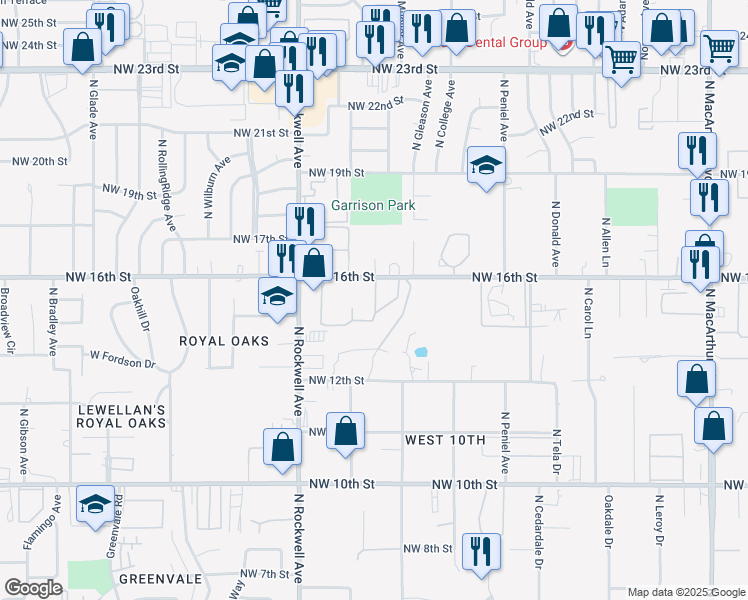 map of restaurants, bars, coffee shops, grocery stores, and more near 6810 Northwest 16th Street in Oklahoma City