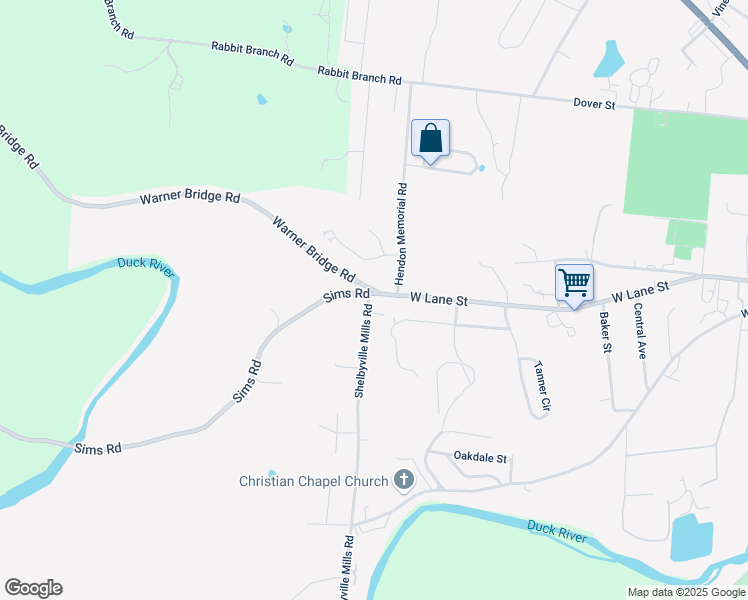 map of restaurants, bars, coffee shops, grocery stores, and more near 1604 Simms Road in Shelbyville