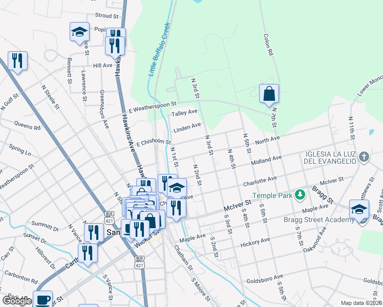 map of restaurants, bars, coffee shops, grocery stores, and more near 213 North Avenue in Sanford