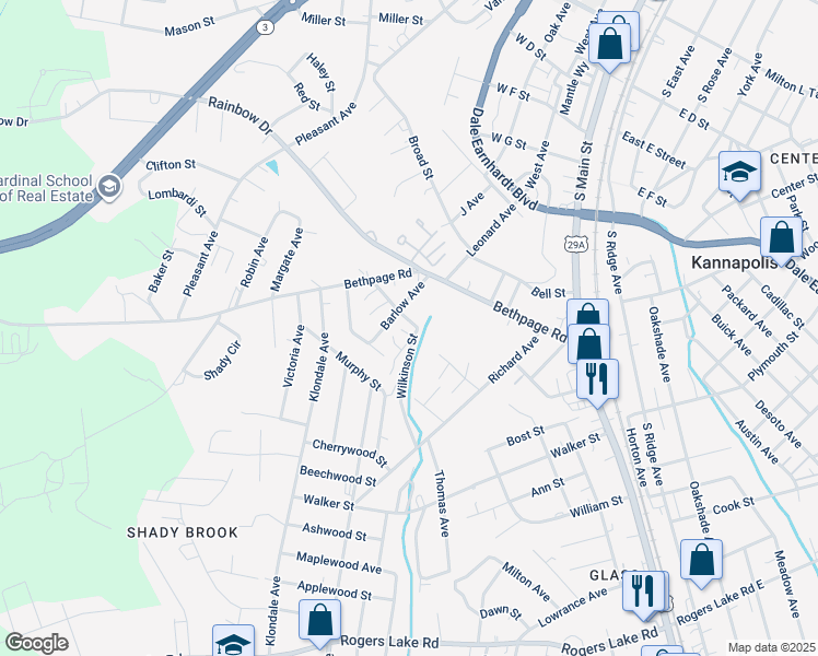map of restaurants, bars, coffee shops, grocery stores, and more near 509 Wilkinson Street in Kannapolis