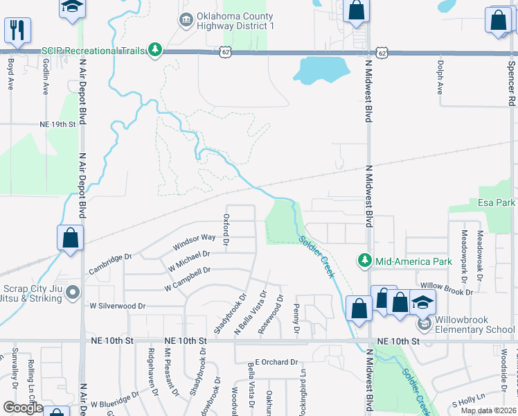 map of restaurants, bars, coffee shops, grocery stores, and more near 4406 North Shadybrook Drive in Midwest City