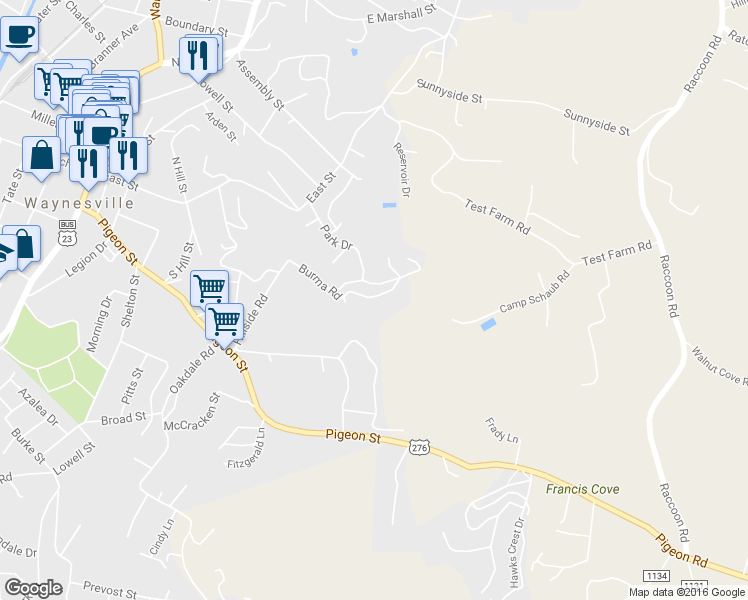 map of restaurants, bars, coffee shops, grocery stores, and more near 57 Burma Road in Waynesville