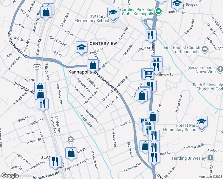 map of restaurants, bars, coffee shops, grocery stores, and more near 1472 Dale Earnhardt Boulevard in Kannapolis