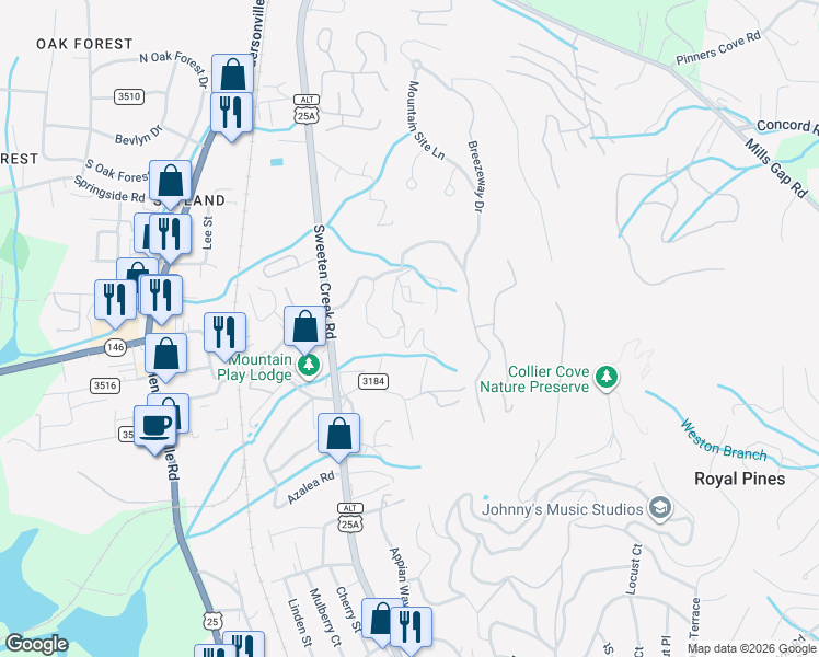 map of restaurants, bars, coffee shops, grocery stores, and more near 99999 Hemlock Drive in Asheville
