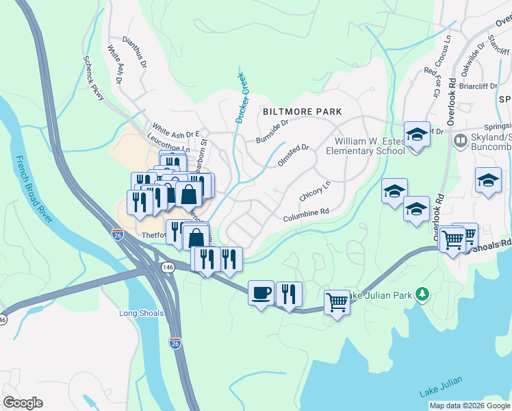 map of restaurants, bars, coffee shops, grocery stores, and more near 1063 Columbine Road in Asheville