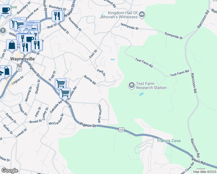 map of restaurants, bars, coffee shops, grocery stores, and more near 57 Burma Road in Waynesville