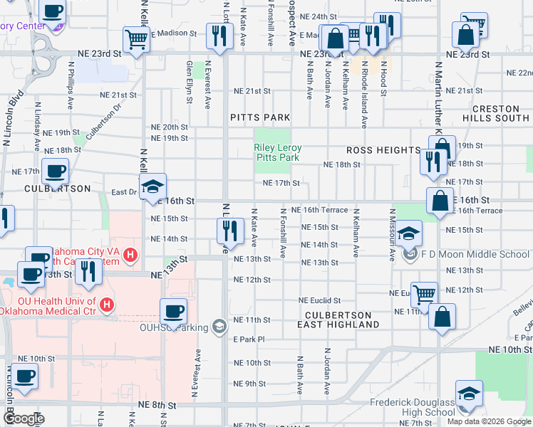 map of restaurants, bars, coffee shops, grocery stores, and more near 1424 Northeast 16th Street in Oklahoma City