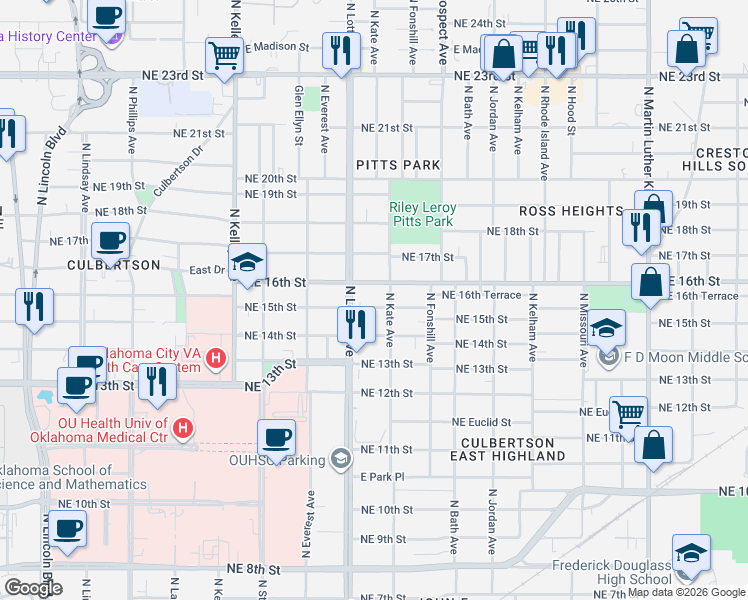 map of restaurants, bars, coffee shops, grocery stores, and more near 1611 North Kate Avenue in Oklahoma City