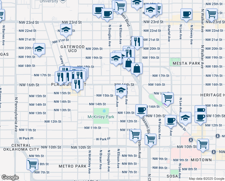 map of restaurants, bars, coffee shops, grocery stores, and more near 1615 North Ellison Avenue in Oklahoma City