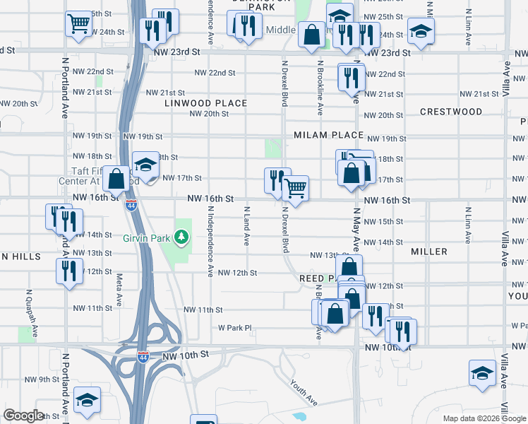 map of restaurants, bars, coffee shops, grocery stores, and more near 1612 North Land Avenue in Oklahoma City