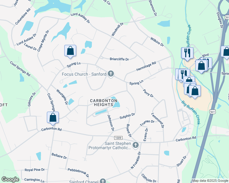 map of restaurants, bars, coffee shops, grocery stores, and more near 1916 Knollwood Drive in Sanford