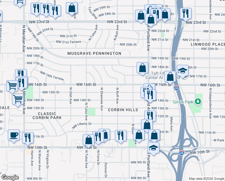 map of restaurants, bars, coffee shops, grocery stores, and more near 3913 Northwest 15th Street in Oklahoma City