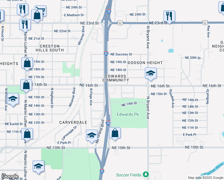 map of restaurants, bars, coffee shops, grocery stores, and more near 1530 Northeast Grand Boulevard in Oklahoma City