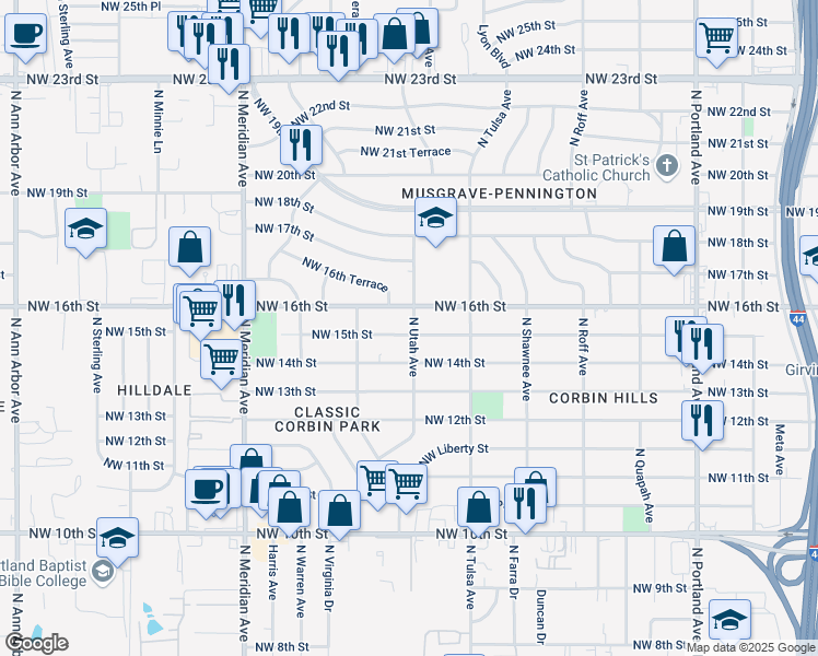 map of restaurants, bars, coffee shops, grocery stores, and more near 4201 Northwest 15th Street in Oklahoma City