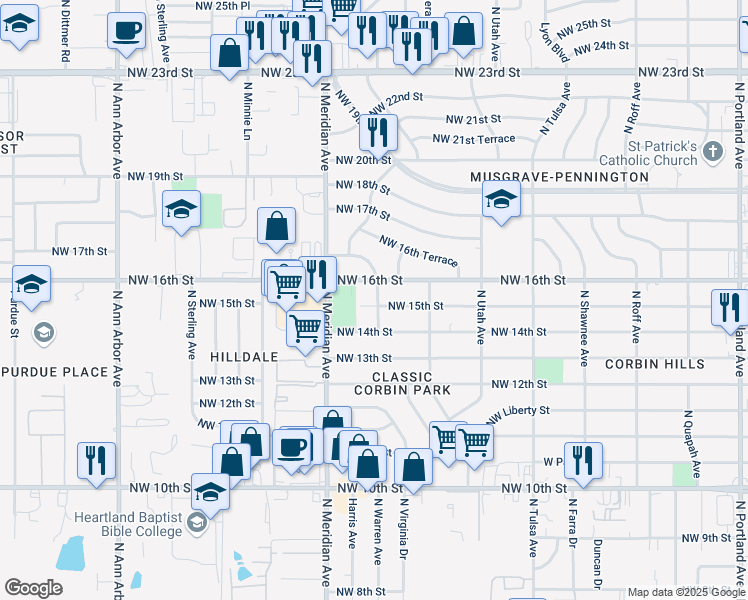 map of restaurants, bars, coffee shops, grocery stores, and more near 4401 Northwest 15th Street in Oklahoma City