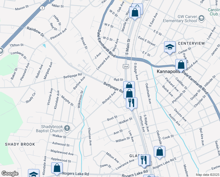 map of restaurants, bars, coffee shops, grocery stores, and more near 205 Bethpage Road in Kannapolis