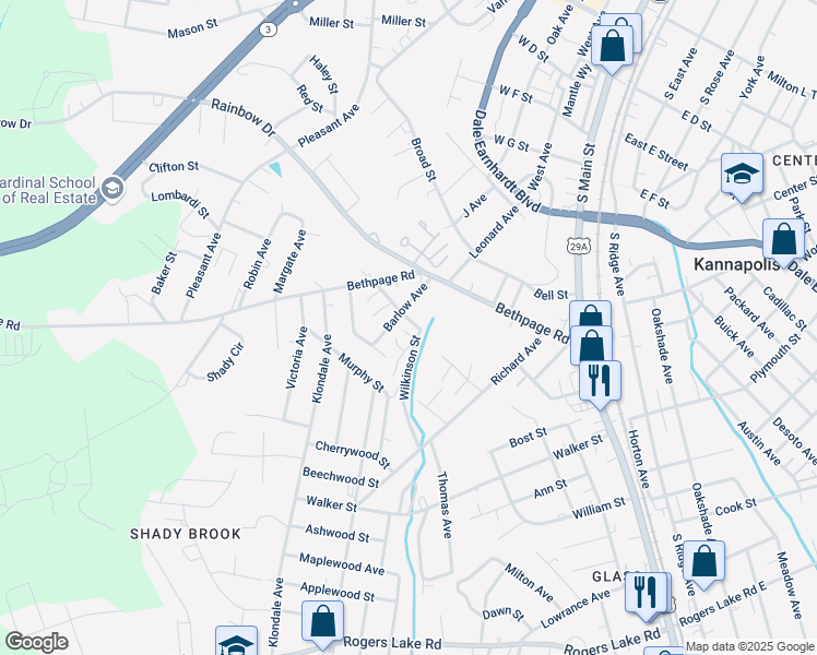 map of restaurants, bars, coffee shops, grocery stores, and more near 509 Wilkinson Street in Kannapolis