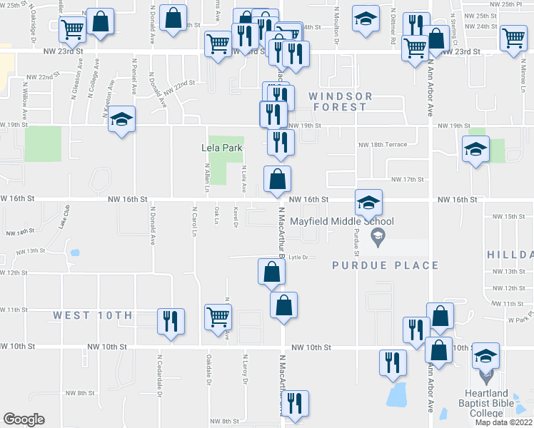 map of restaurants, bars, coffee shops, grocery stores, and more near 1617 North Macarthur Boulevard in Oklahoma City