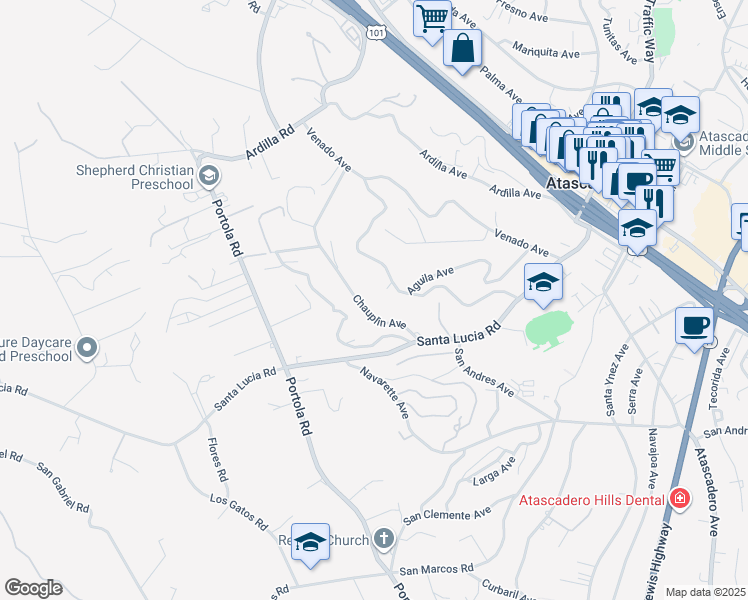 map of restaurants, bars, coffee shops, grocery stores, and more near 5725 Chauplin Avenue in Atascadero