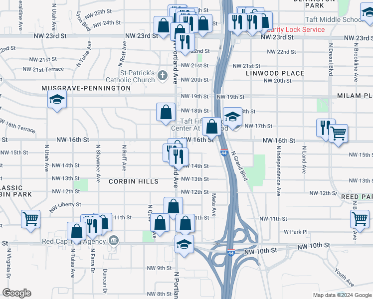map of restaurants, bars, coffee shops, grocery stores, and more near 3631 Northwest 15th Street in Oklahoma City