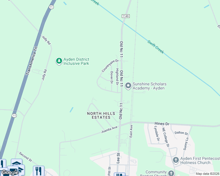 map of restaurants, bars, coffee shops, grocery stores, and more near 3790 Dover Drive in Ayden