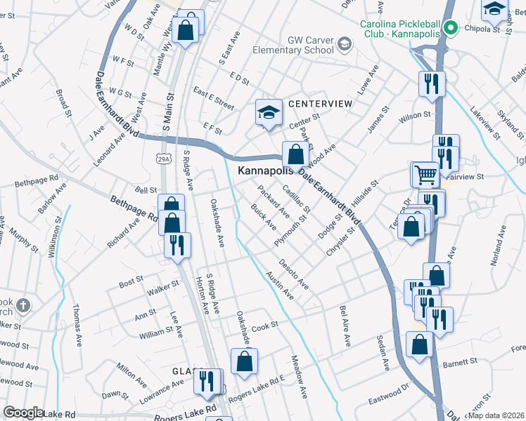 map of restaurants, bars, coffee shops, grocery stores, and more near 805 Buick Avenue in Kannapolis