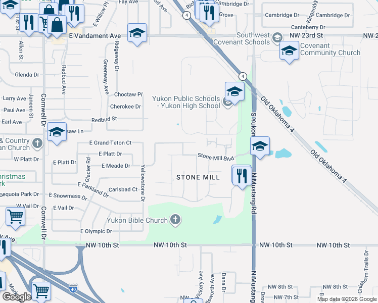 map of restaurants, bars, coffee shops, grocery stores, and more near 513 Stone Mill Boulevard in Yukon