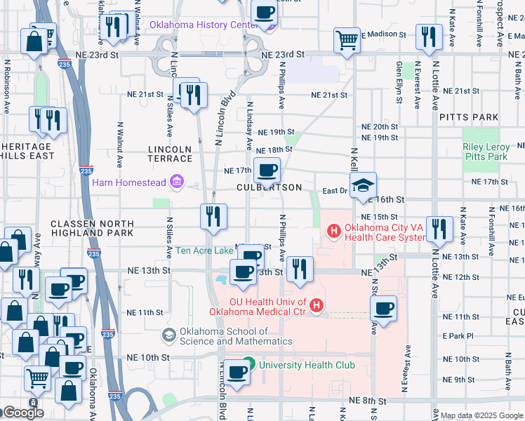 map of restaurants, bars, coffee shops, grocery stores, and more near 716 Northeast 16th Street in Oklahoma City