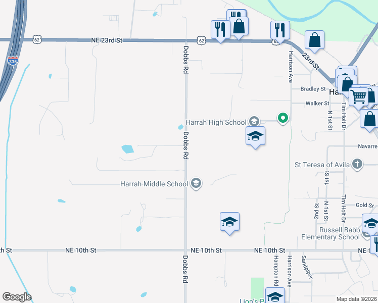 map of restaurants, bars, coffee shops, grocery stores, and more near 1724 Dobbs Road in Harrah