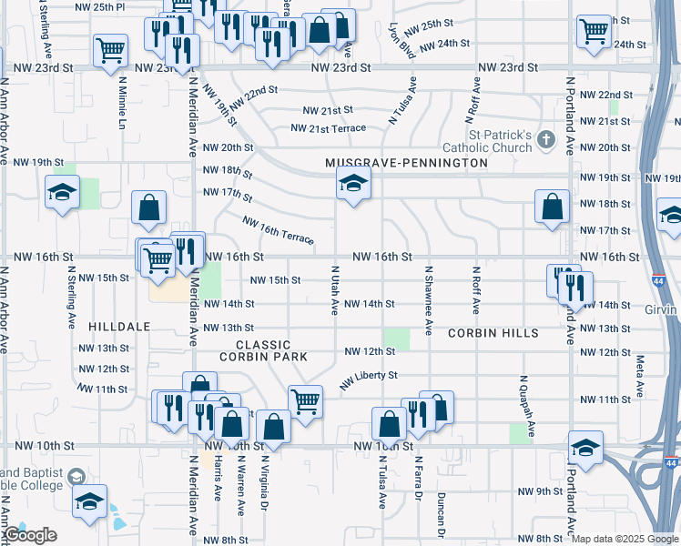 map of restaurants, bars, coffee shops, grocery stores, and more near 4201 Northwest 15th Street in Oklahoma City