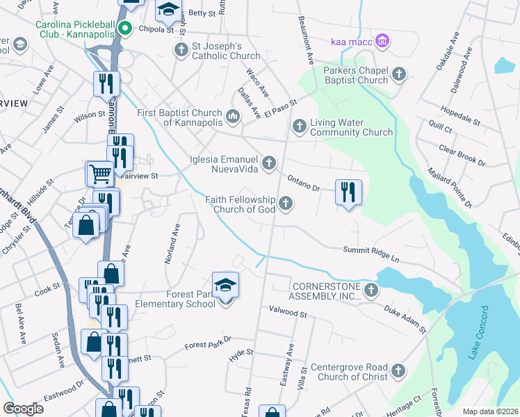 map of restaurants, bars, coffee shops, grocery stores, and more near 1457 Sharon Hills Court in Kannapolis
