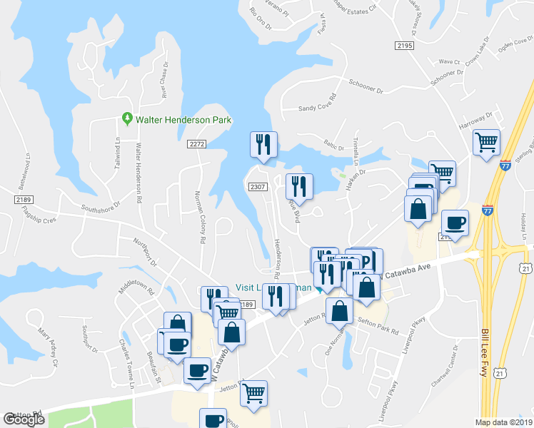 map of restaurants, bars, coffee shops, grocery stores, and more near 21415 Nautique Boulevard in Cornelius