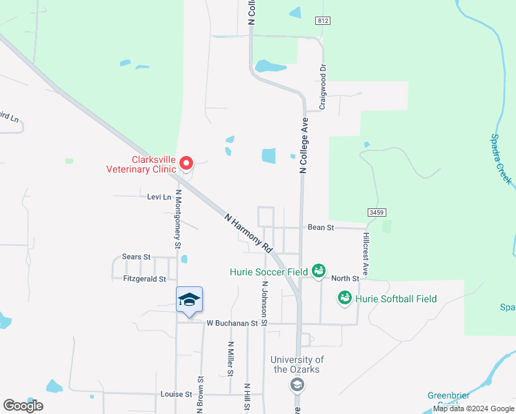 map of restaurants, bars, coffee shops, grocery stores, and more near 301 North Stanton Drive in Clarksville