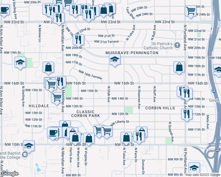 map of restaurants, bars, coffee shops, grocery stores, and more near 4201 Northwest 15th Street in Oklahoma City